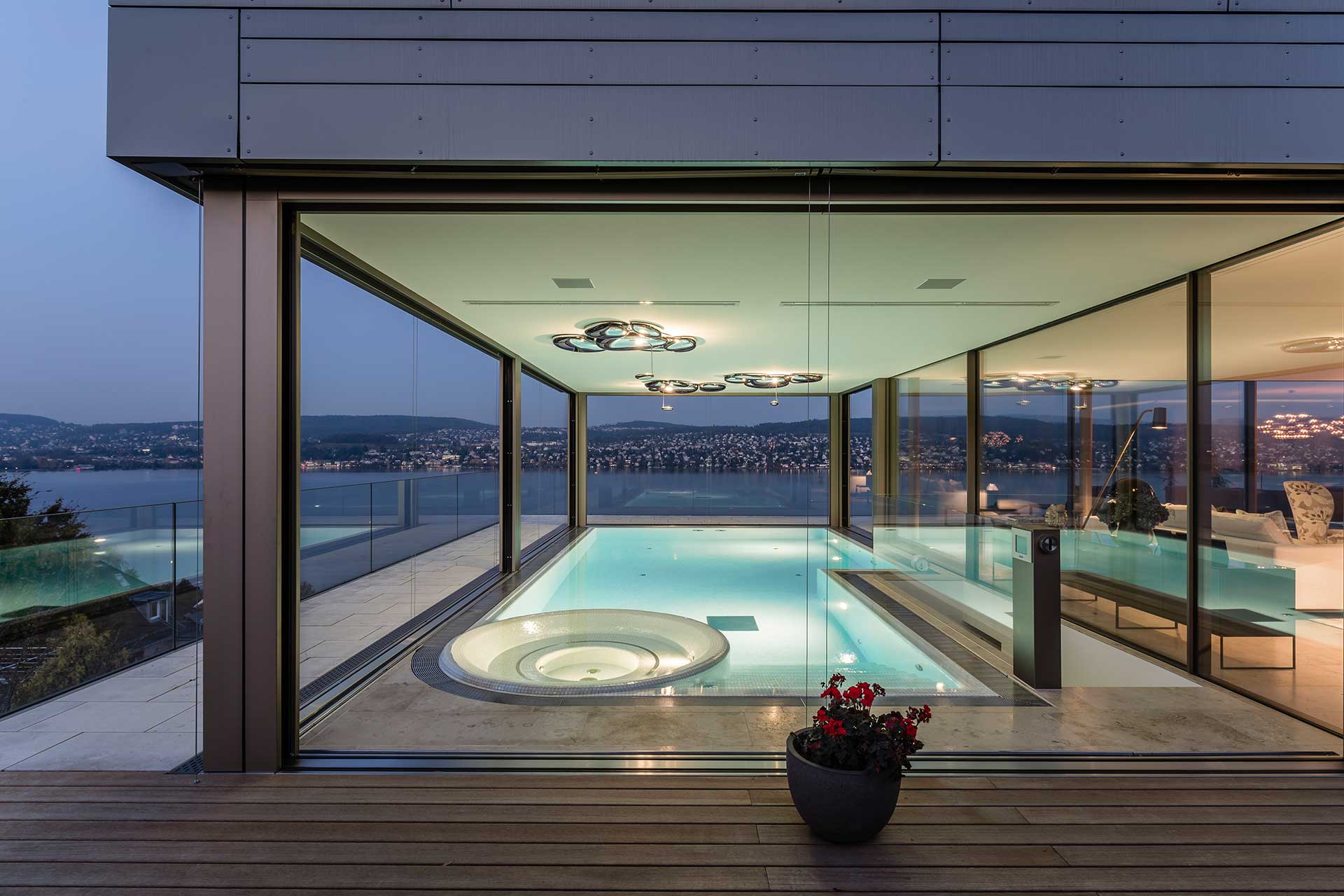 Where pool and lake share the horizon.